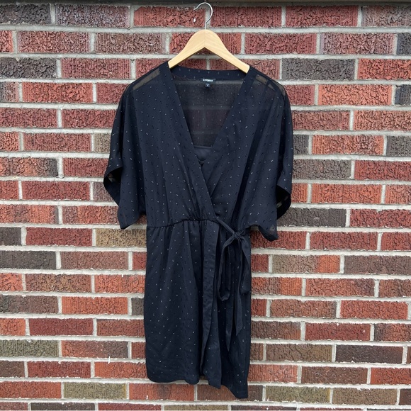 Express Dresses & Skirts - Express Black Sheer Chiffon Glitter Layered Wrap Wide Sleeve Belted Dress